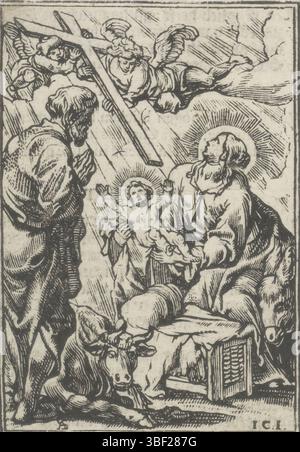 Anvers, Woons, Cornelis, Sallaert, Antoine, Anvers, Jegher, Jan Christoffel, naissance du Christ, verso - estampillé, Marie se tient avec l'enfant Christ dans ses bras dans l'écurie avec le boeuf et l'âne. Joseph est debout à côté de la mangeoire en train de prier. Deux anges tiennent une grande croix au-dessus du Christ Child., impression, illustration de livre, impressions, hauteur 88 mm, largeur 62 mm, 1618-11-03 - 1667-09-18, imprimeur, 1649 - 1649, papier, gravure sur bois, typographie, impression de livres, conception de travaux, Zuid-Nederlands, 1585 - 1650, après conception, publication (événement), publication, éditeur Banque D'Images