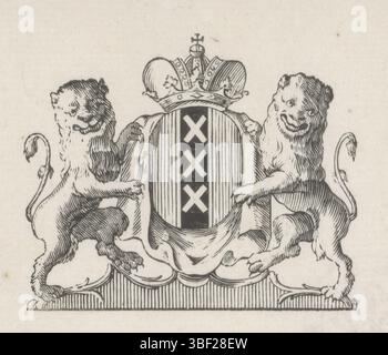 Haarlem, Numan, Hendrik, Vignet avec les armoiries de la ville d'Amsterdam, Haarlem, verso gauche en bas - estampillé, les armoiries de la ville d'Amsterdam avec une couronne, deux lions et trois croix d'Andreas., impression, hauteur 80 mm, largeur 102 mm, 1736-03-21 - 1788, graveur, 1746 - 1788, papier, gravure sur bois Banque D'Images