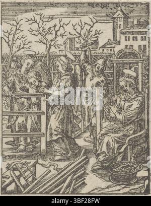 Wierix, Hieronymus, Amsterdam, Chechem, Christoffel van (II), de kindsheyd onzes heeren Iesu Christi, Jeugd van Christ, Christkind tijdens een clôture, verso à gauche - estampillé, aidé par deux anges le Christchild a une clôture. Avec son père Joseph, il travaille dans le jardin. Maria est assise avec eux et enchaîne une couronne de fleurs., impression, hauteur 85 mm, largeur 67 mm, Noord-Nederlands, 1581 - 1658-07-02, graveur, 1617 - 1658, papier, gravure sur bois, conception de travaux, Zuid-Nederlands, 1553 - 1619-11-01 Banque D'Images