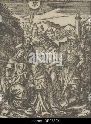 Wierix, Hieronymus, Amsterdam, Chechem, Christoffel van (II), de kindsheyd onzes lorden Iesu Christi, Jeunesse du Christ, Adoration par les rois, verso laissé sous - estampillé, les trois rois apportent leurs dons et adorent la Christchild, qui est assise sur ses genoux avec Marie. Derrière eux, il y a des hommes de leurs disciples. Un roi s'agenouille devant l'enfant., impression, hauteur 87 mm, largeur 67 mm, Noord-Nederlands, 1581 - 1658-07-02, graveur, 1617 - 1658, papier, gravure sur bois, conception de travaux, Zuid-Nederlands, 1553 - 1619-11-01 Banque D'Images