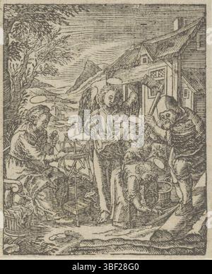 Wierix, Hieronymus, Amsterdam, Chechem, Christoffel van (II), de kindsheyd onzes lorden Iesu Christi, Jeunesse du Christ, Christkind ramasse les déchiqueteuses de bois, verso gauche sous - estampillé, Joseph coupe le bois d'un tronc d'arbre. Le Christ Child ramasse les extraits. Il est aidé par deux anges rassemblant le bois dans leur manteau. Maria est assis avec eux et tourne., imprimer, hauteur 83 mm, largeur 67 mm, Nord-néerlandais, 1581 - 1658-07-02, graveur, 1617 - 1658, papier, gravure sur bois, conception de travail, pays-Bas du Sud, 1553 - 1619-11-01 Banque D'Images