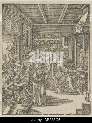 Wierix, Hieronymus, Amsterdam, Chechem, Christoffel van (II), de kindsheyd onzes heren Iesu Christi, Jeunesse du Christ, Christkind balaie le sol, verso gauche sous - estampillé, Het Christkind balaie le sol dans la maison. Joseph rejoint le mur. Deux anges aident. Maria est en train de cuisiner., impression, hauteur 83 mm, largeur 67 mm, nord-néerlandais, 1581 - 1658-07-02, graveur, 1617 - 1658, papier, gravure sur bois, conception de travail, pays-Bas du Sud, 1553 - 1619-11-01 Banque D'Images