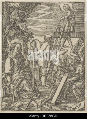 Wierix, Hieronymus, Amsterdam, Chechem, Christoffel van (II), de kindsheyd onzes lorden Iesu Christi, Jeunesse du Christ, Christkind aide Jozef à scier, verso gauche sous - estampillé, le Christchild voit avec son père Joseph. Deux anges au premier plan soulèvent une poutre. Maria est filature de fil., impression, hauteur 85 mm, largeur 67 mm, Nord-néerlandais, 1581 - 1658-07-02, graveur, 1617 - 1658, papier, gravure sur bois, conception de travail, pays-Bas du Sud, 1553 - 1619-11-01 Banque D'Images