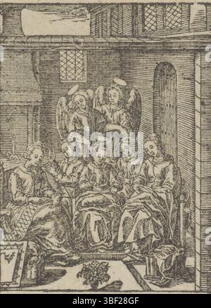 Wierix, Hieronymus, Amsterdam, Chechem, Christoffel van (II), de kindsheyd onses heeren Iesu Christi, Jeugd van Christ, Christkind entre les femmes ennuyées, verso gauche sous - estampillé, Het Christkind et deux anges se tiennent entre quatre femmes qui brodent., impression, hauteur 87 mm, largeur 65 mm, Noord-Nederlands, 1581 - 1658-07-02, graveur, 1617 - 1658, papier, gravure sur bois, conception de travaux, Zuid-Nederlands, 1553 - 1619-11-01 Banque D'Images