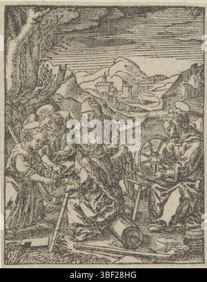 Wierix, Hieronymus, Amsterdam, Chechem, Christoffel van (II), de kindsheyd onzes lorden Iesu Christi, Jeunesse du Christ, Christkind scie un tronc d'arbre, verso gauche sous - estampillé, Het Christkind, aidé par deux anges, scie un tronc d'arbre en morceaux. Son père Joseph regarde. Maria est en train de filer., impression, hauteur 85 mm, largeur 66 mm, Nord-Néerlandais, 1581 - 1658-07-02, graveur, 1617 - 1658, papier, gravure sur bois, conception de travail, pays-Bas du Sud, 1553 - 1619-11-01 Banque D'Images