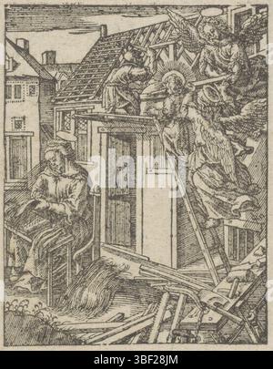 Wierix, Hieronymus, Amsterdam, Chechem, Christoffel van (II), de kindsheyd onzes heren Iesu Christi, Jeugd van Christ, Christkind pose un toit, verso sur la gauche - estampillé, avec deux anges le Christchild porte une poutre vers le haut de l'échelle. Joseph travaille sur le toit d'une maison. Pour la maison Maria est occupé avec des peignes de lin., impression, hauteur 85 mm, largeur 66 mm, Noord-Nederlands, 1581 - 1658-07-02, graveur, 1617 - 1658, papier, gravure sur bois, conception de travaux, Zuid-Nederlands, 1553 - 1619-11-01 Banque D'Images