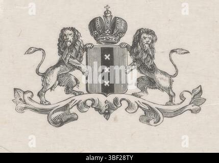 Pays-Bas, Weissenbruch, Isaac, Vignet avec les armoiries de la ville d'Amsterdam, pays-Bas, les armoiries de la ville d'Amsterdam avec une couronne, deux lions et trois croix d'Andreas., impression, hauteur 42 mm, largeur 62 mm, néerlandais, 1826-08-27 - 1912-11-13, graveur, 1836 - 1912, papier, gravure sur bois Banque D'Images