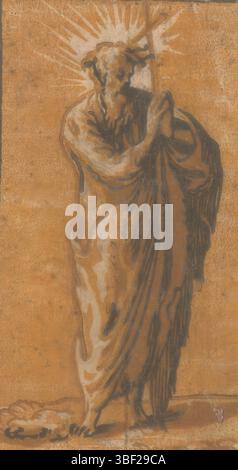 Italie, Parmigianino, Italie, trente, Antonio da, Christ et les douze apôtres, Saint Philippe, verso - estampillé, l'apôtre Philippe debout avec croix., impression, hauteur 124 mm, largeur 68 mm, italien, 1510 - 1550, graveur, 1520 - 1550, xvie siècle, papier, clair-obscur-gravure sur bois, conception de travaux, 1503-01-11 - 1540-08-24 Banque D'Images