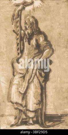 Italie, Parmigianino, Italie, trente, Antonio da, Christ et les douze apôtres, Saint Simon, verso - estampillé, l'apôtre debout Simon avec scie., impression, hauteur 124 mm, largeur 70 mm, italien, 1510 - 1550, graveur, 1520 - 1550, xvie siècle, papier, clair-obscur-gravure sur bois, concept de travail, 1503-01-11 - 1540-08-24 Banque D'Images
