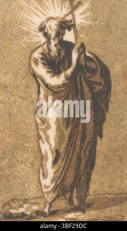 Italie, Parmigianino, Italie, trente, Antonio da, Christ et les douze apôtres, Saint Philippe, verso - estampillé, l'apôtre Philippe debout avec croix., impression, hauteur 124 mm, largeur 74 mm, italien, 1510 - 1550, graveur, 1520 - 1550, xvie siècle, papier, clair-obscur-gravure sur bois, conception de travaux, 1503-01-11 - 1540-08-24 Banque D'Images