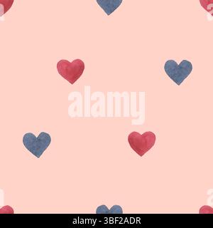 Motif aquarelle sans couture avec des coeurs gris et rouges sur fond rose pêche Banque D'Images