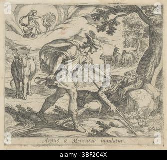 Anvers, Jode, Pieter de (I), Italie, Tempesta, Antonio, Metamorphosen van Ovidius, Metamorphoseon sive transformationum, Argus a Mercurio iugulatur, Apollon tue Argus, Anvers, verso - estampillé, Mercure coupe la tête de l'Argus endormi avec son épée. Junon a un paon sur les nuages. Dans le paysage se trouvent un boeuf et un troupeau de chèvres et de moutons. Titre en latin dans la marge inférieure., impression, hauteur 104 mm, largeur 117 mm, italien, 1555 - 1630-08-05, graveur, 1606 - 1606, papier, gravure, publication (événement), publication, néerlandais du Sud, 1570 - 1634-08-09, éditeur Banque D'Images