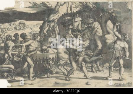 Italie, Fiorentino, Rosso, Italie, Vico, Enea, Delaune, Etienne, bataille entre les Lapithen et Centauren, femme enlevée par l'homme et sater, verso - estampillé, au milieu une femme est volée par un homme et un sater. A gauche plusieurs figures autour d'une table. Au premier plan, un homme tira son épée, et derrière la table, un homme agita un poignard. Droite deux chevaux. Au milieu de la lettre S., impression, hauteur 85 mm, largeur 132 mm, français, 1519 - 1583, graveur, 1533 - 1583, papier, gravure, gravure (processus d'impression), conception de travail, italien, 1523 - 1567, à imprimer, 1494-03-08 - 1541-11-14 Banque D'Images