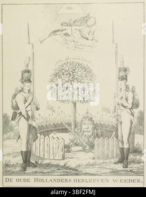 La Haye, Esser, Wijnand, la Haye, de Oude Hollanders Herleeven Weeder, Allegorie op het Rehabilitation van Nederland, 1813, verso - gestamping, Allegorie op de Liberation van Nederland in 1813. Le lion hollandais est assis sur la tête avec une couronne et armé d'une épée dans le jardin hollandais. Dans le jardin, l'oranger fleurit. La porte est gardée par deux soldats hollandais armés. In de vucht de Faam en het Alziend Oog., print, Frederik Muller Historyplaten, hauteur 340 mm, largeur 252 mm, Nederlands, 1779-05-21 - 1860-05-09, imprimeur, 1813-1815, papier, gravure, gravure, gravure (procédé d'impression), travail Banque D'Images