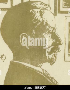 Orlik, Emil, Portrait de Max Lehrs, verso - estampillé, imprimer, verso - estampillé, hauteur 277 mm, largeur 203 mm, hauteur 167 mm, largeur 118 mm, allemand, tchèque, 1870-07-21 - 1932-09-28, graveur, 1899 - 1932, papier, gravure sur bois, impression dorée Banque D'Images