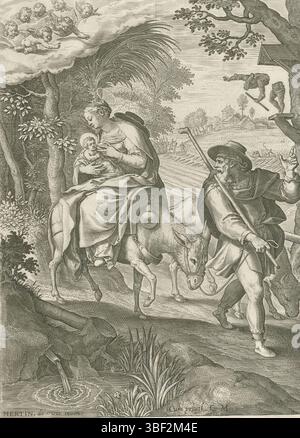 Rodolphe II de Habsbourg (empereur allemand), Sadeler, Johann (I), Fox, Maerten de, Cologne, naissance et premières années du Christ, vol vers l'Egypte, verso au milieu - estampillé, la Sainte famille voyageant en Egypte. Joseph à pied et Marie avec l'enfant Christ dans les bras sur un âne. En haut à droite d'une chapelle sur un arbre une statue de dieux se brise en deux. Sur la gauche un groupe d'anges dans le ciel. En arrière-plan un champ de maïs avec des moissonneuses et l'armée d'Hérode à la recherche de l'enfant Christ. L'estampe a une légende biblique latine et est la huitième estampe d'une douzième série sur la naissance et les premières années Banque D'Images