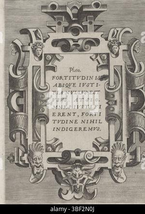 Anvers, Jode, Gerard de, Vredeman de Vries, Hans, Huys, Frans, Varirum Protractionum, cartouche avec un texte de Platon, Anvers, cartouche avec un texte de Platon. Juste sous la tête d'une chèvre dans un cadre. Cette impression fait partie d'un album., impression, feuille d'albumsheet, impressions, hauteur 188 mm, largeur 135 mm, 1522 - 1562, imprimeur, 1557 - 1557, papier, gravure, gravure, gravure (procédé d'impression), conception d'œuvres, Zuid-Nederlands, 1527 - 1607, après conception par, publication (événement), publication, Nord des pays-Bas, 1509 - 1591-02-05, éditeur Banque D'Images