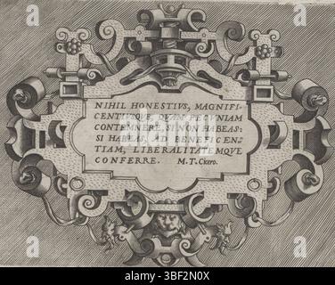 Anvers, Jode, Gerard de, Vredeman de Vries, Hans, Huys, Frans, Varirum Protractionum, cartouche avec un texte de Cicéron, Anvers, cartouche avec un texte de Cicéron. Au milieu d'un masque de lion. Cette impression fait partie d'un album., impression, feuille d'albumsheet, impressions, hauteur 140 mm, largeur 184 mm, 1522 - 1562, imprimeur, 1557 - 1557, papier, gravure, gravure, gravure (procédé d'impression), conception d'œuvres, Zuid-Nederlands, 1527 - 1607, après conception par, publication (événement), publication, Nord des pays-Bas, 1509 - 1591-02-05, éditeur Banque D'Images