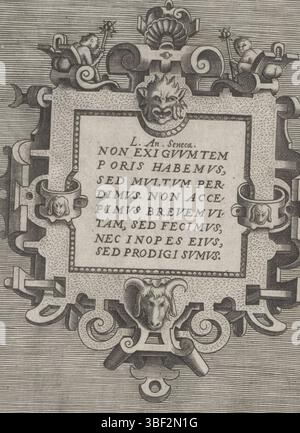 Anvers, Jode, Gerard de, Vredeman de Vries, Hans, Huys, Frans, Variarum Protractionum, cartouche avec un texte de Seneca, Anvers, cartouche avec un texte de Seneca. Juste sous la tête d'un bélier. Cette impression fait partie d'un album., impression, feuille d'albumsheet, impressions, hauteur 174 mm, largeur 140 mm, 1522 - 1562, imprimeur, 1557 - 1557, papier, gravure, gravure, gravure (procédé d'impression), conception d'œuvres, Zuid-Nederlands, 1527 - 1607, après conception par, publication (événement), publication, Nord des pays-Bas, 1509 - 1591-02-05, éditeur Banque D'Images
