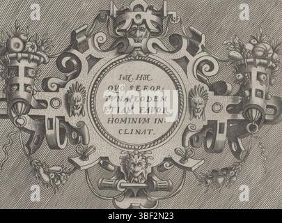 Anvers, Jode, Gerard de, Vredeman de Vries, Hans, Huys, Frans, Varirum Protractionum, cartouche ronde avec dans le bord des vases avec des fruits, Anvers, cartouche avec un texte en latin. Vases gauche et droit avec des fruits dans le bord. Cette impression fait partie d'un album., impression, feuille d'albumsheet, impressions, hauteur 136 mm, largeur 184 mm, 1522 - 1562, imprimeur, 1557 - 1557, papier, gravure, gravure, gravure (procédé d'impression), conception d'œuvres, Zuid-Nederlands, 1527 - 1607, après conception par, publication (événement), publication, Nord des pays-Bas, 1509 - 1591-02-05, éditeur Banque D'Images