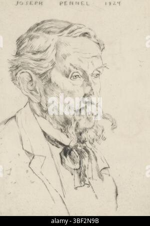 Orlik, Emil, Portrait de Joseph Pennell, fond droit - manuscrit au crayon, impression, verso - estampillé, Emil Orlik, hauteur 247 mm, largeur 199 mm, Allemand, Tchèque, 1870-07-21 - 1932-09-28, imprimeur, 1924 - 1924, papier, point sec, aiguille sèche, ton plat Banque D'Images