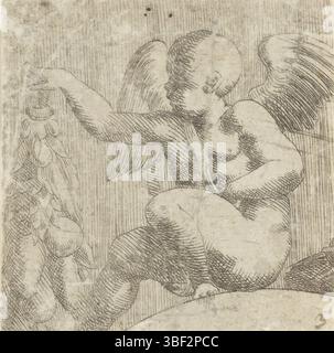 Fontainebleau, Fantuzzi, Antonio, Putto avec bouquet de fruits, à gauche, fragment de Jupiter envoie les trois déesses à l'avis de Paris, juste en dessous - manuscrit à l'encre brune, impression, 3, hauteur 62 mm, largeur 62 mm, italien, graveur, 1543 - 1543, deuxième quart du XVIe siècle, papier, gravure, gravure Banque D'Images