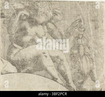 Fontainebleau, Fantuzzi, Antonio, Putto avec bouquet de fruits, à droite, fragment de Jupiter envoie les trois déesses de l'avis de Paris, tout droit en dessous - écrit à la main à l'encre brune, impression, 4, hauteur 60 mm, largeur 67 mm, italien, graveur, 1543 - 1543, deuxième quart du XVIe siècle, papier, gravure, gravure Banque D'Images