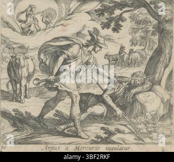 Anvers, Jode, Pieter de (I), Italie, Tempesta, Antonio, Metamorphosen van Ovidius, Metamorphoseon sive transformationum, Argus a Mercurio iugulatur, Apollon tue Argus, Anvers, verso - estampillé, Mercure coupe la tête de l'Argus endormi avec son épée. Junon a un paon sur les nuages. Dans le paysage se trouvent un boeuf et un troupeau de chèvres et de moutons. Titre en latin dans la marge inférieure., impression, hauteur 104 mm, largeur 117 mm, italien, 1555 - 1630-08-05, graveur, 1606 - 1606, papier, gravure, publication (événement), publication, néerlandais du Sud, 1570 - 1634-08-09, éditeur Banque D'Images