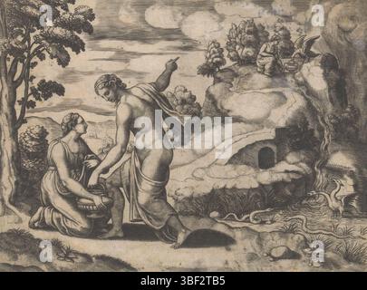Coxie, Michiel (I), Italie, Maître des dés, Vénus envoie Psyché à une source gardée par des dragons, verso - estampillé, Vénus ordonne à Psyché de récupérer de l'eau d'un puits gardé par des dragons. Droit sur une montagne l'aigle de Jupiter apportant l'eau Psyché du Styx., impression, hauteur 166 mm, largeur 222 mm, italien, allemand, graveur, 1530 - 1560, papier, gravure, gravure (procédé d'impression), ton de plaque, conception de travail, Hollande du Sud, 1499 - 1592-03-10 Banque D'Images