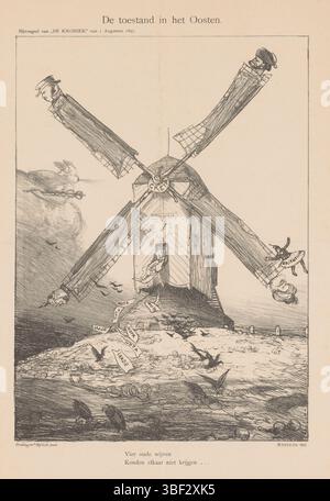 Amsterdam, Scheltema & Holkema's Boekhandel, Amsterdam, Tresling & Comp., pays-Bas, Bauer, Marius, la situation à l'est, attire l'attention sur la lenteur des négociations sur la Crète entre les pays de la Turquie, la Grèce, l'Angleterre et la Russie. Présenté comme un moulin à vent avec la Crète comme une cendre de moulin et les quatre pouvoirs comme les mèches. Au bas de deux lignes d'un couplet de bébé. Publiée dans la pièce jointe de 'de Kroniek' du 1er août 1897., estampes, dessins animés, hauteur 408 mm, largeur 300 mm, néerlandais, 1867-01-25 - 1932-07-18, graveur, 1897-08-01 - 1897-08-01, quarte du quatrième quart du xixe siècle Banque D'Images