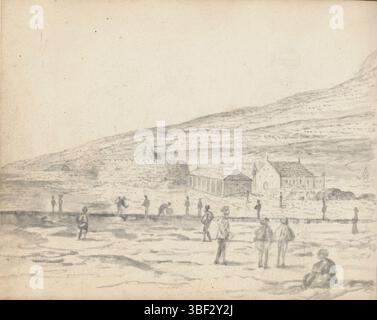 Sri Lanka, Boursse, Esaias, vue de la forteresse de Malwana, avec entrepôt et église, Sri Lanka, avec un entrepôt et une église, sur fond de hautes collines montantes sont dessinées de gauche à droite : une grange couverte ; un fort avec mur rond avec des inclinaisons où dans une structure semblable à Donjon ; un bâtiment rectangulaire avec six colonnes et un toit de tuiles ; un bâtiment semblable à une église avec chaise cloche séparée. Au premier plan, une augmentation continue a été dessinée, sur laquelle les gens marchent. C'est peut-être l'une des poutres construites. À la fois sur la route, et avant et derrière, il y a des chiffres indiqués de façon schématique, quatre-vingts Banque D'Images