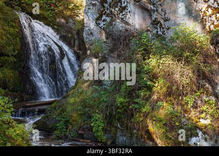 Cascade naturelle sereine en cascade sur des falaises rocheuses, entourée d'un feuillage vert éclatant, illuminée par la lumière du soleil. Une scène tranquille représentant naturea Banque D'Images
