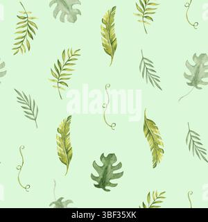 Tropical Leaves Seamless Pattern sur un fond vert vif. Palmier, eucalyptus et Monstera avec Liana. Illustration botanique dessinée à l'aquarelle à la main Banque D'Images