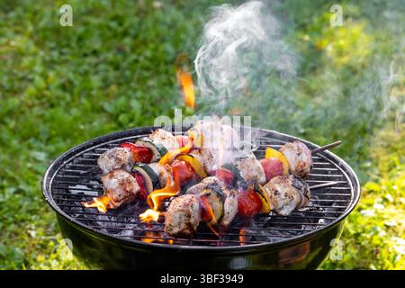la viande de poulet et les brochettes de légumes sont grillées dans le jardin Banque D'Images