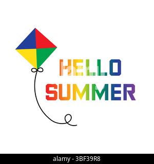 Bonjour affiche d'été avec cerf-volant. Cerf-volant estival rétro. Rainbow texte Hello Summer. Illustration de Vecteur