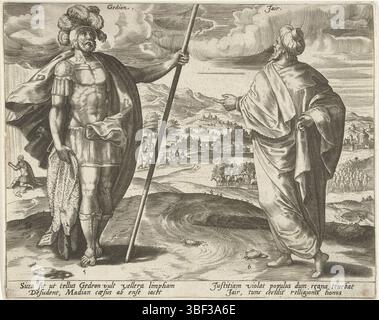 Anvers, Jode, Gerard de, Anvers, Snellinck, Jan (I), Collaert, Hans (I), les douze juges d'Israël, Gédéon et Jair, Anvers, au verso milieu en bas - estampillé, au premier plan le cinquième et sixième juge d'Israël : Gédéon et Jair. En arrière-plan deux histoires de leur temps. Sur la gauche dans le fond, Gideon prie sur un Dieu de peau de bélier pour un signe. A droite les trente fils de Jair chevauchant des ânes. L'impression a une légende latine., impression, hauteur 209 mm, largeur 260 mm, néerlandais du Sud (avant 1775), 1540 - 1581, graveur, 1585 - 1585, papier, gravure, gravure (processus d'impression), travail c Banque D'Images