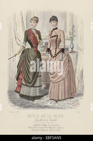 Paris, Godchaux & Cie, Auguste, Cheffer, E., revue de la mode, Gazette de la famille, dimanche 24 Août 1884, 13e année, n° 660 : toilettes de M.me Méry, Paris, dessous - gravé, deux femmes dans un intérieur dans les robes de Méry. A gauche : costume de voile vert, soie changeante et broderie de chenille. La guimpe est recouverte de broderie. Le bas des manches est décoré d'un manchette en dentelle et d'un petit drapé de soie changeant. Droite : robe de laine, 'canevas genre' et velours rouge grenade. Selon la légende, « huile ». Méry. Ci-dessous quelques règles texte publicitaire pour différents produits. Prin Banque D'Images