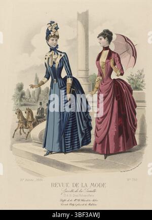 Paris, Godchaux & Cie, Auguste, Cheffer, E., revue de la mode, Gazette de la famille, 1886, 15e année, no 750 : Etoffes de la M.on le Houssel, Paris, au milieu - gravé, deux femmes en haut d'un escalier, au fond une calèche avec deux chevaux. A gauche : robe de tissu bleu Uni et rayé. Corps rayé avec col et poignets pointus couleur crème. Chapeau de laisse assorti. Ceinture avec boucle carrée. Chaussures avec trois pneus sur le frottement. Droite : robe avec file d'attente dans deux tons de rouge. Ruban rouge foncé à la taille. Parapluie assorti à la main. Sous la présentation quelques règles publicité te Banque D'Images