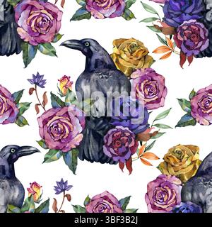 Oiseaux corbeaux en roses rouges. Motif sans couture gothique Halloween avec des oiseaux effrayants et des fleurs dans le style goth. Fond effrayant à l'aquarelle pour un design effrayant Banque D'Images