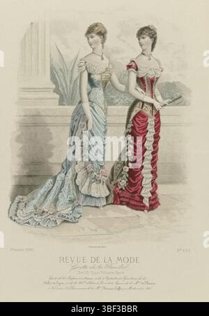 Paris, Falconer, revue de la mode, Gazette de la famille, dimanche 18 avril 1880, 9e année, N° 433 : gants de la parfumerie Ninon, Paris, au milieu - gravés, deux femmes en robes de bal, armées à une balustrade. A gauche : robe, décorée de dentelle blanche et de garlandes de roses, pour bal ou 'grande soirée'. A droite : robe de bal en satin rouge avec col carré, décorée de bretelles, convient également pour une soirée. Ils portent des gants longs de parfumerie Ninon. Ci-dessous l'image quelques lignes de texte publicitaire pour différents produits. Tirage tiré du magazine de mode revue de la mode (1872-1913). Description détaillée Banque D'Images
