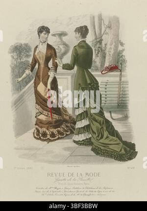 Paris, Falconer, revue de la mode, Gazette de la famille, dimanche 23 mai 1880, 9e année, N° 438 : toilettes de lae Bazin mm, Paris, au milieu - gravé, deux femmes sur une terrasse, vêtues de robes de Bazin. A gauche : robe de 'Surah loutre' et 'Failure mastic', pour les dîners et réceptions. A droite : satin vert ('satin de Lyon', dit 'satin merveilleux') sur le banc de jardin un parasol ou parapluie avec un bouton en forme de tête de canard. Sur la balustrade se trouve un chapeau. Ci-dessous l'image quelques lignes de texte publicitaire pour différents produits. Tirage tiré du magazine de mode revue de la mode (1872-1913) Banque D'Images
