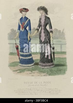 Paris, Falconer, revue de la mode, Gazette de la famille, dimanche 15 août 1880, 9e année, N° 450 : toilettes de la M.on Cavally, Paris, au milieu - gravé, deux femmes sur un hippodrome, vêtues de costumes Cavally. A gauche : robe de batiste bleu et broderie, foulard et 'sourate', pour le pays et pour la promenade. Chapeau de paille noir décoré de fleurs sauvages. Droite : robe en violet et noir décorée de dentelle noire, pour les courses de chevaux. Parapluie assorti. D'après la légende de Cavally, "Oilettes". Ci-dessous quelques règles texte publicitaire pour différents produits. Imprimé du magazine de mode revue d Banque D'Images