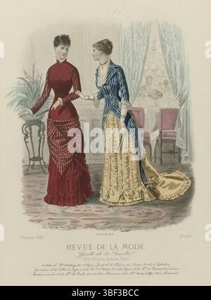 Paris, Falconer, revue de la mode, Gazette de la famille, dimanche 21 mars 1880, 9e année, N° 429 : toilettes dee Duboys mm, Paris, au milieu - gravé, deux femmes dans un intérieur de restaurant., vêtues de robes de Duboys. A gauche : robe rouge 'pékin' et satin. A droite : robe pour le dîner et la réception : corps de pékin bleu, fermé par de grands boutons de strass, coupe au col carré, le long duquel de grands 'revers incroyables'. Ci-dessous l'image quelques lignes de texte publicitaire pour différents produits. Tirage tiré du magazine de mode revue de la mode (1872-1913). Description détaillée des vêtements sur Banque D'Images