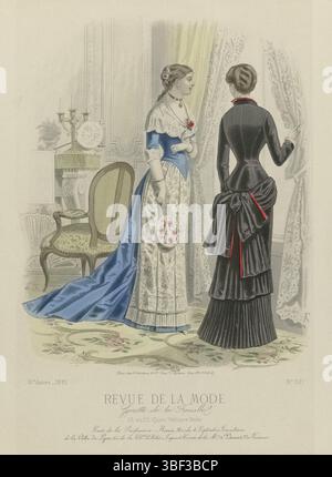 Paris, Godchaux & Cie, Auguste, Cheffer, E., revue de la mode, Gazette de la famille, dimanche 25 décembre 1881, 10e année, N° 521 : gants de la parfumerie Ninon, Paris, au milieu - gravé, deux femmes dans un intérieur, debout près d'une fenêtre. A gauche : robe en velours bleu et brocart blanc avec motif floral doré, pour soirées et réceptions. Fichu du côté. La femme tient un écran de main (écran de feu) avec motif de fleur dans sa main. Droite : robe de maison et robe pour les visiteurs de satin noir. Ci-dessous l'image quelques lignes de texte publicitaire pour différents produits. Imprimer à partir du magazine de mode R Banque D'Images