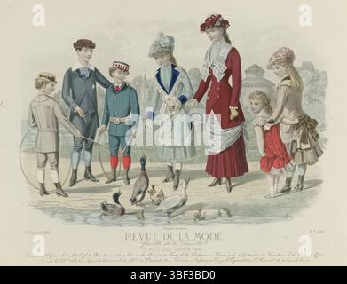 Paris, Falconer, revue de la mode, Gazette de la famille, dimanche 8 mai 1881, 10e année, N° 488 : costumes d'enfants, Paris, au milieu - gravé, sept costumes différents pour garçons et filles, selon la légende de l'entrepôt anglais. De gauche à droite (1 à 7) : 1. Costume pour un garçon de sept ans, composé d'un pantalon et d'un chemisier. Chapeau de paille décoré d'un ruban. 2. Costume de drap bleu pour un garçon de 12 ans. 3. Costume de feuille verte pour un garçon de huit ans. Ceinture en cuir jaune. Casquette verte avec bande écossaise à carreaux. 4. 'Toilette' pour une fille de 11-12 ans ol Banque D'Images