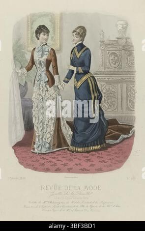 Paris, Falconer, revue de la mode, Gazette de la famille, dimanche 26 décembre 1880, 9e année, No 469 : toilettes dee Delannoy mm, Paris, milieu en bas - gravé, deux femmes dans un intérieur, dans les robes de Delannoy. A gauche : une robe du matin ('déshabillé d'intérieur') de satin brun et bleu clair, garnie de côté lin blanc (guipure) et dentelle. Droite : Robe pour une jeune femme en cachemire bleu marine, garnie de bandes dorées. Ci-dessous l'image quelques lignes de texte publicitaire pour différents produits. Tirage tiré du magazine de mode revue de la mode (1872-1913). Description détaillée du clothi Banque D'Images