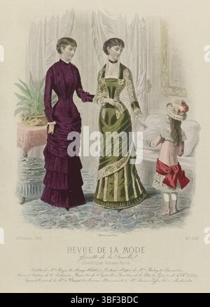 Paris, Falconer, revue de la mode, Gazette de la famille, 1881, 10e année, no 509 : toilettes dee Bazin mm, Paris, au milieu - gravé, deux femmes et une fille dans un intérieur. Les femmes portent des robes de boss. Les vêtements des enfants viennent de Barbey. Ci-dessous l'image quelques lignes de texte publicitaire pour différents produits. Tirage tiré du magazine de mode revue de la mode (1872-1913). Mm, impression de mode, costumes et impressions de mode, REVUE DE LA MODE, milieu sous - gravé, 13 et 15, Quai Voltaire, milieu sous - gravé, toilettes de M.me Bazin, 14, R. Grange-Batelière   costume d'enfant de M.me Barbey, 2 Banque D'Images