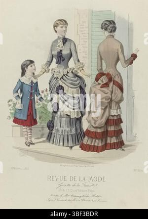 Paris, Godchaux & Cie, Auguste, Cheffer, E., revue de la mode, Gazette de la famille, 1882, 11e année, no 554 : toilettes Dee Delannoy mm, Paris, au milieu - gravé, d'après la légende de Delannoy : 'toilettes'. Ci-dessous une ligne de texte publicitaire pour différents produits. Tirage tiré du magazine de mode revue de la mode (1872-1913)., tirages de mode, costumes et tirages de mode, REVUE DE LA MODE, 13 & 15, Quai Voltaire, toilettes de M.me Delannoy, 13, R. du Helder. Jupons & corsets de la M.on de Plument, 33, R. Vivienne., hauteur 375 mm, largeur 270 mm, conception de travail, français, après conception de, Banque D'Images