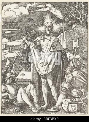 Nuremberg, Dürer, Albrecht, la petite passion, Résurrection, verso en bas à droite - estampillé, Christ debout à côté de sa tombe, un bâton avec un drapeau à la main, entouré de soldats endormis. Cette estampe fait partie de la série 'de kleine passive', composée d'une estampe de titre et de 36 scènes bibliques (principalement de la Lijdstory)., estampe, hauteur 127 mm, largeur 97 mm, allemand, 1471-05-24 - 1528-04-05, graveur, 1510 - 1510, premier quart du xvie siècle, papier, gravure sur bois Banque D'Images