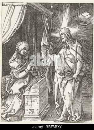 Nuremberg, Dürer, Albrecht, la petite passion, le Christ apparaît à sa mère, au milieu - estampillé, le Christ salue sa mère Marie, qui est agenouillée devant un lecteur. Cette estampe fait partie de la série 'de kleine passive', composée d'une estampe de titre et de 36 scènes bibliques (principalement de la Lijdstory)., estampe, hauteur 126 mm, largeur 95 mm, allemand, 1471-05-24 - 1528-04-05, graveur, 1510 - 1510, premier quart du xvie siècle, papier, gravure sur bois Banque D'Images